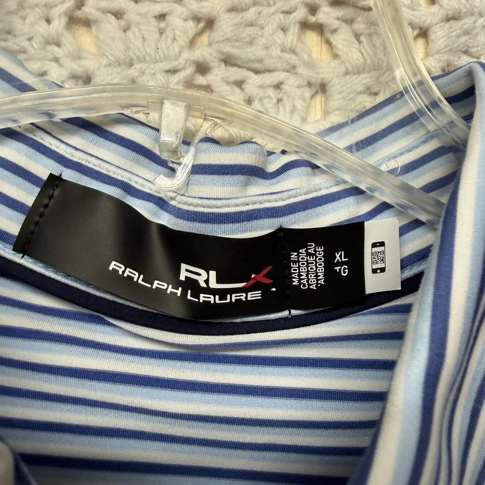 Ralph Lauren RLX Men's Shirt XL Blue White Striped Performance Golf Polo Wicking